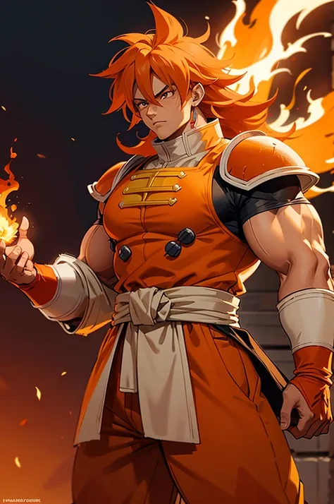 tanned male with long, thick orange saiyan hair, wearing heavy orange armour, wearing red feathers around his waist, with flame ...