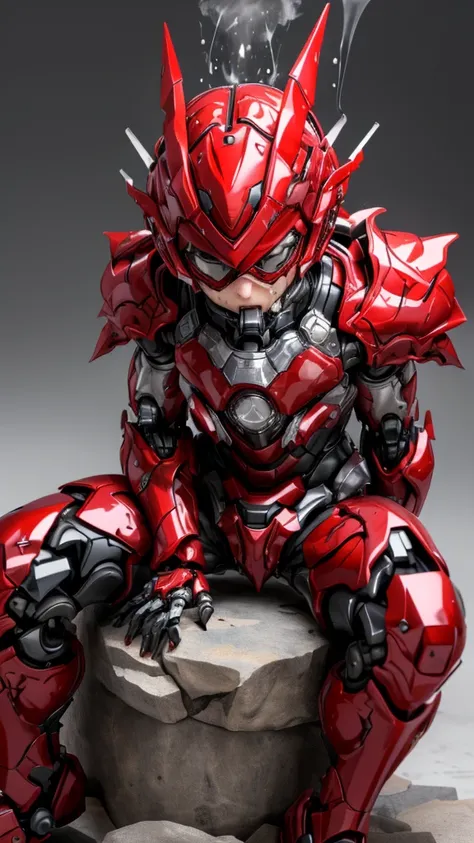 Rough skin, Very detailed, Advanced Details, high quality, 最high quality, High resolution, 1080P 、Bleeding from the wound、Red Armor、Wearing red and black、cute((Severe damage to the entire body))(Wearing a damaged female robot suit...)(Red Armor)(Broken Arm...