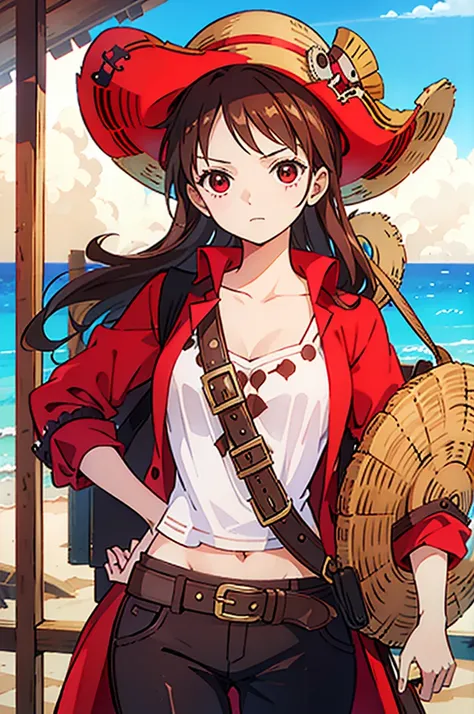 1 female, medium length brown hair, wearing pirate clothing, wearing straw hat with red band, on a pirate ship, wearing straw hat