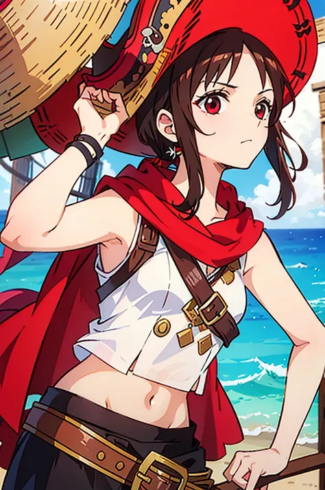 1 female, medium length brown hair, wearing pirate clothing, wearing straw hat with red band, on a pirate ship, wearing straw hat