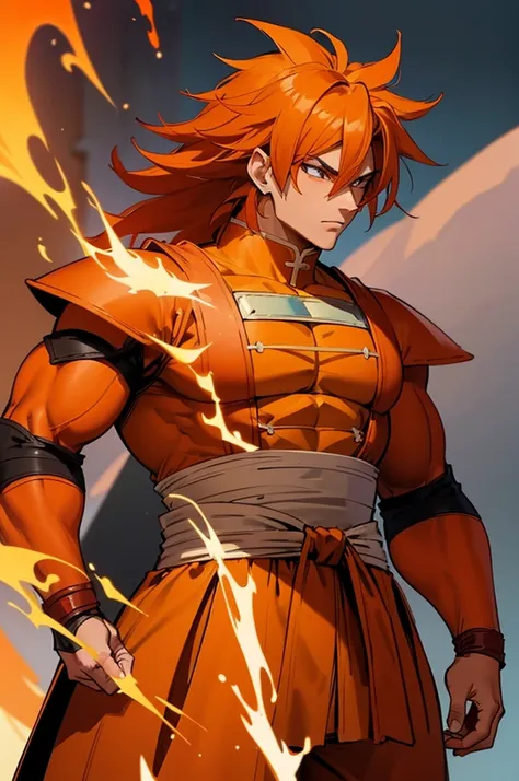 tanned male with long, thick orange saiyan hair, wearing heavy orange armour, wearing red feathers around his waist, with flame ...