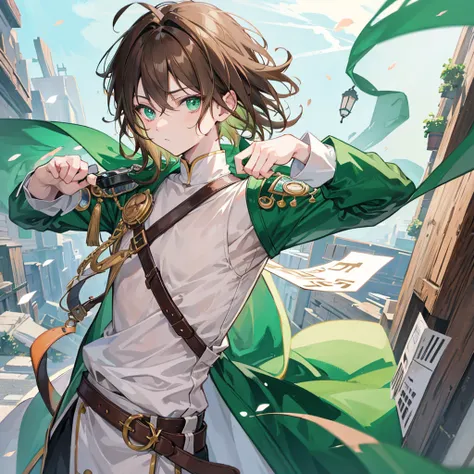 Anime boy with light brown hair with emerald green eyes with a lock of hair covering his left eye 