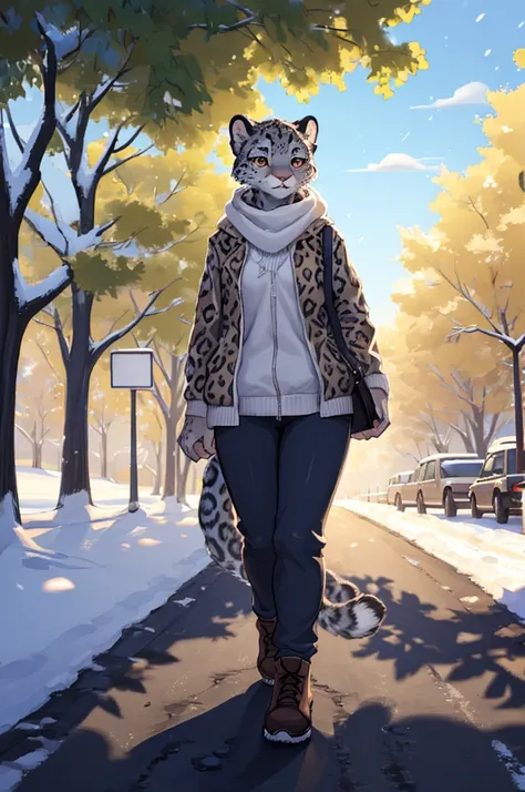 (very detailed illustration: 1.2), best quality, masterpiece, solo, natural lighting, an young anthro female snow leopard with b...