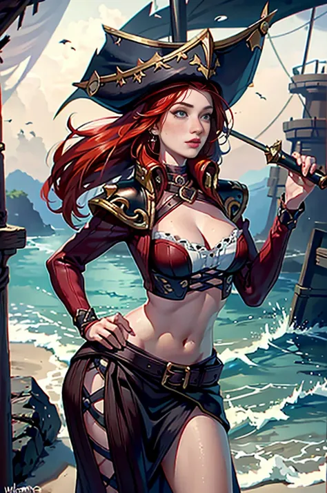 （8K qualityginger woman with freckles,Lovely and beautiful Fas,frekles 28 year old,Red hair,double tails, Practical pirate clothing, (Long-sleeved pirate top), Skirt,Torn pirate hat, view the viewer, fantasy, Cinematic lighting,Masterpiece,Extremely beauti...