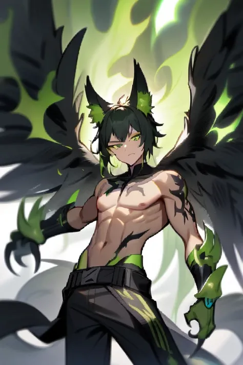 Boy with fox ears and black wings Surrounded by green flames Clothing (shirtless , black pants and claws)