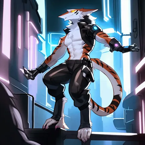 by bebebebebe, by spuydjeks, by buta99, by spikedmauler. athletic male sergal, tigerstrip fur patterns, cyberpunk outfit, hyper ...