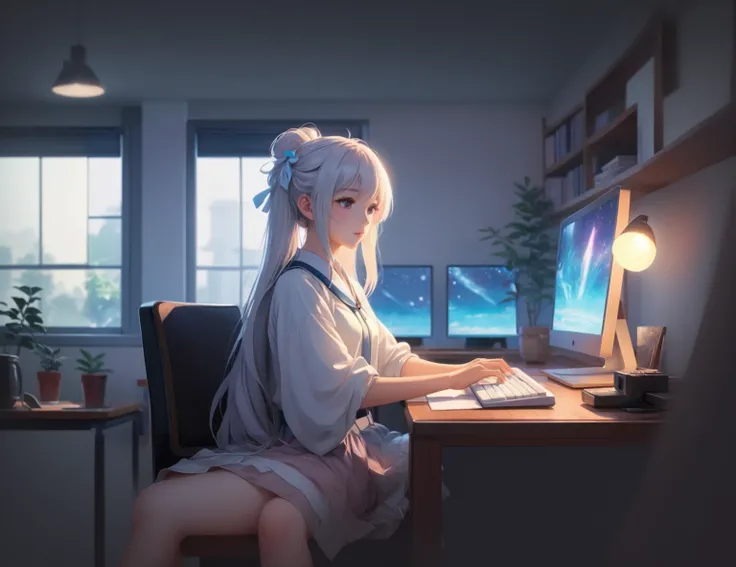 An ethereal anime girl, exuding a sense of calm and nostalgia, sits gracefully at a desk adorned with a laptop and keyboard. The lo-fi artstyle captures the essence of tranquility, with subtle hues and soft lines creating a soothing atmosphere. This exquis...