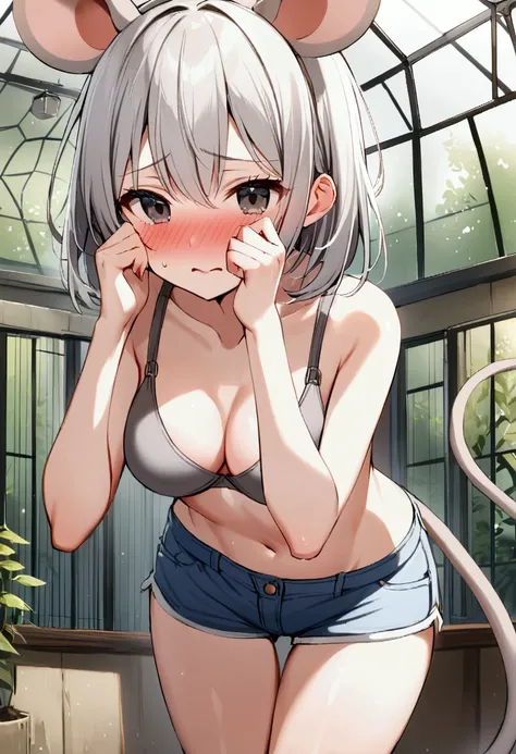 1girl with short grey hair, black eyes, slender body, medium breasts, natural mouse ears, natural mouse tail, blush, embarrassed, cover her face, ((((grey bra))), short shorts,zoo aviary