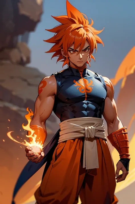 tanned male with long, thick orange saiyan hair, wearing orange armour, wearing red feathers around his waist, with flame tattoo...