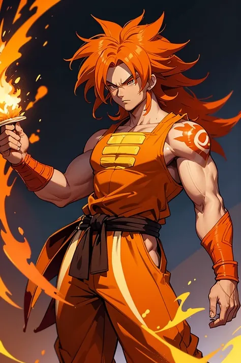 tanned male with long, thick orange saiyan hair, wearing orange armour, wearing red feathers around his waist, with flame tattoo...