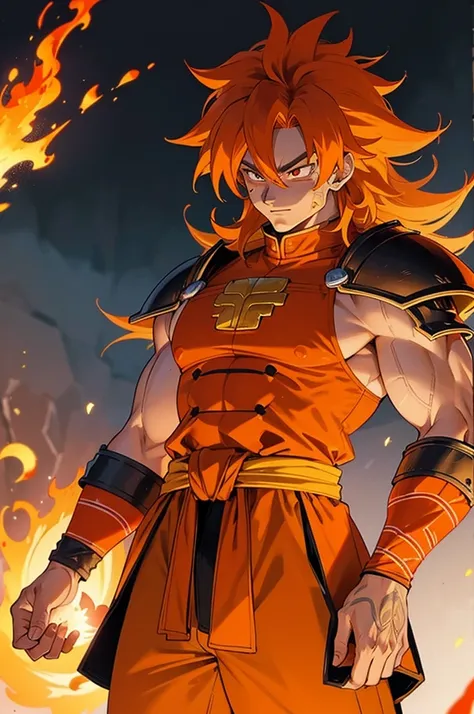 tanned male with long, thick orange saiyan hair, wearing orange armour, wearing red feathers around his waist, with flame tattoo...