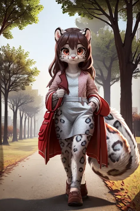 (very detailed illustration: 1.2), best quality, masterpiece, solo, natural lighting, An young anthro female snow leopard with brown eyes, she has snow leopard fur un all her body, she is dressed in casual clothes, she is in a big bright city, she is in a ...