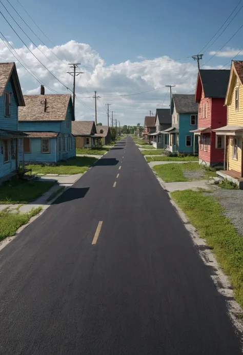 An ugly town with a board house and an asphalt street