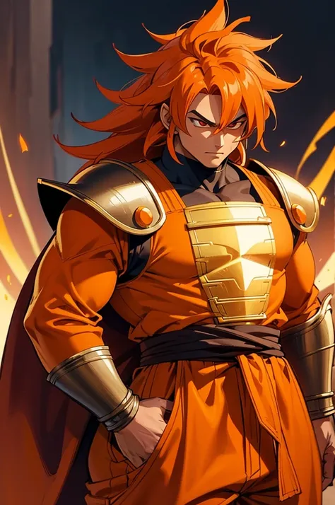 tanned male with long, thick orange saiyan hair, wearing heavy orange armour plating, wearing red feathers around his waist, in ...