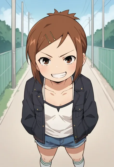 score_9, score_8_up, score_8, source_anime, 1girl, solo, brown eyes, brown hair, hair ornament, hairclip, short hair, outdoor,lo...