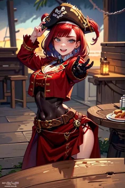 （8k qualityginger woman with freckles,lovely and beautiful fas,frekles 28 year old,red hair,double tails, practical pirate cloth...