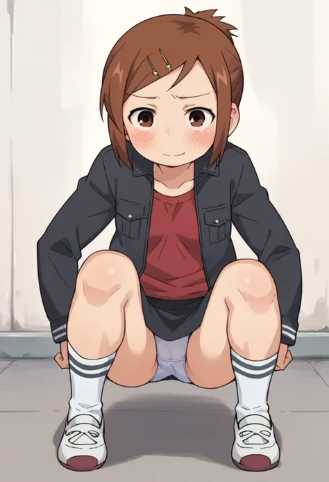 score_9, score_8_up, score_8, source_anime, 1girl, solo, brown eyes, brown hair, hair ornament, hairclip, short hair, black jacket, red shirt, black skirt, embarrassed, smile, squatting
outdoor,miniskirt,socks,open legs,spread legs, panties,looking viewer,...