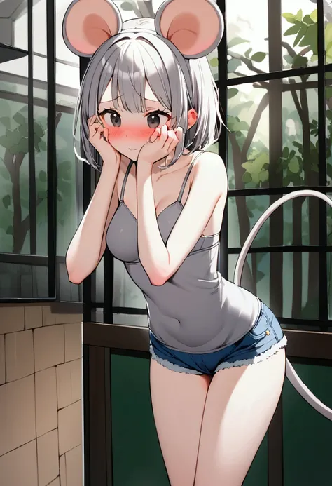 1girl with short grey hair, black eyes, slender body, medium breasts, natural mouse ears, natural mouse tail, blush, embarrassed, cover her face, ((((grey bra))), short shorts,zoo aviary