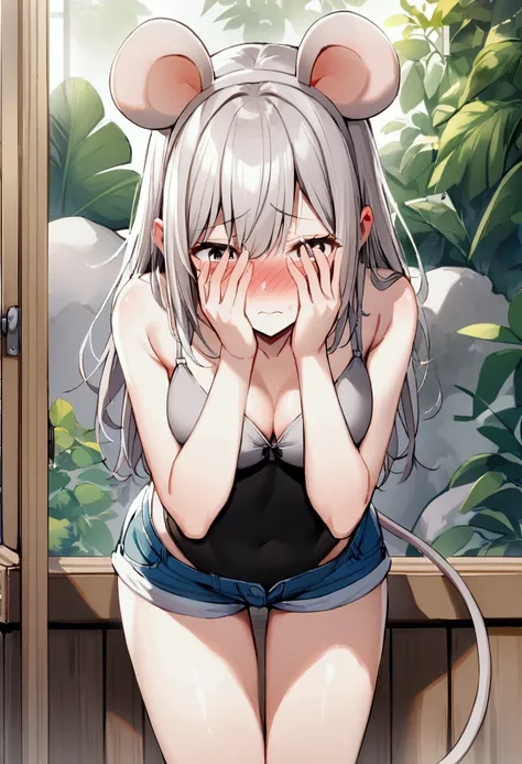 1girl with short grey hair, black eyes, slender body, medium breasts, natural mouse ears, natural mouse tail, blush, embarrassed, cover her face, ((((grey bra))), short shorts,zoo aviary