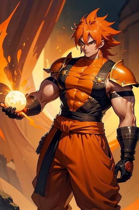 tanned, somewhat muscular male with long, thick orange saiyan hair, wearing heavy orange armour plating, wearing red feathers ar...