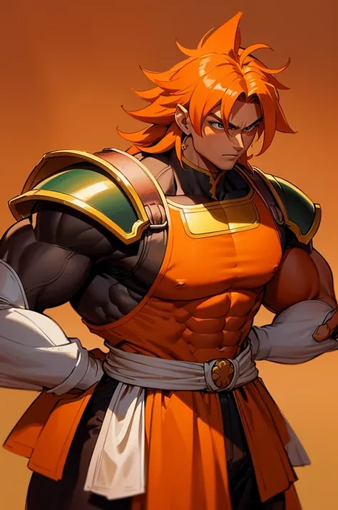 Tanned, somewhat muscular male with long, thick orange saiyan hair, wearing heavy orange armour plating, wearing red feathers around his waist, in fantasy style,