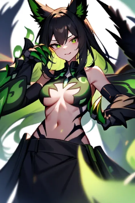 Girl with fox ears and black wings Surrounded by green flames Clothing (shirtless , black skirt and claws)