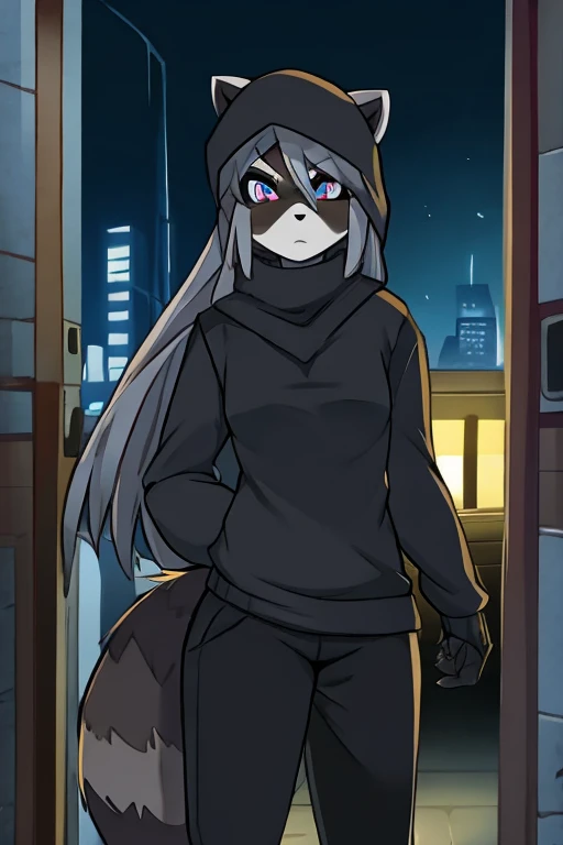 Raccoon woman, long gray hair, black hood, black sweater, black pants, thief