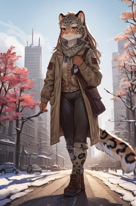 (very detailed illustration: 1.2), best quality, masterpiece, solo, natural lighting, an young anthro female snow leopard with b...