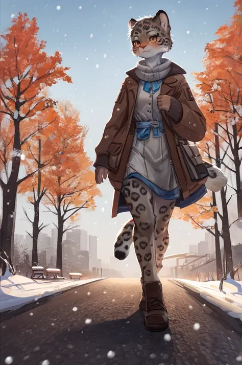 (very detailed illustration: 1.2), best quality, masterpiece, solo, natural lighting, An young anthro female snow leopard with brown eyes, she has snow leopard fur un all her body, she is dressed in casual clothes, she is in a big bright city, she is in a ...