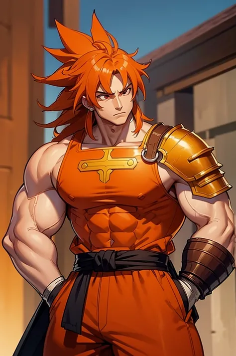 Tanned, somewhat muscular male with long, thick orange saiyan hair, wearing heavy orange armour plating, wearing red feathers around his waist, in fantasy style,