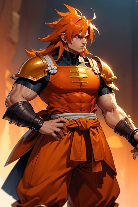 Tanned, somewhat muscular male with long, thick orange saiyan hair, wearing heavy orange armour plating, wearing red feathers around his waist, in fantasy style,