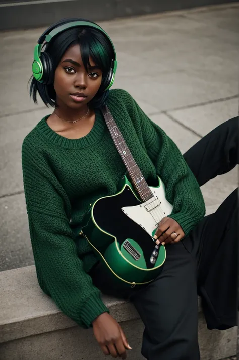 Animated girl, dark skin, loose green sweater and loose green pants combined with black, black headphones and a green guitar, green hair and black highlights.