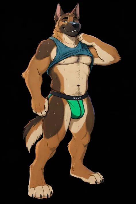 (pinup), Anthro, male, solo, full length portrait, domestic dog,( belgian malinois:1.1), muscular, athletic, abs, smile, digitigrade, barefoot, tanktop ,shirt lift, jockstrap, sweat, sweaty, happy trail, (black background:1.1), digital artwork, (flat color...