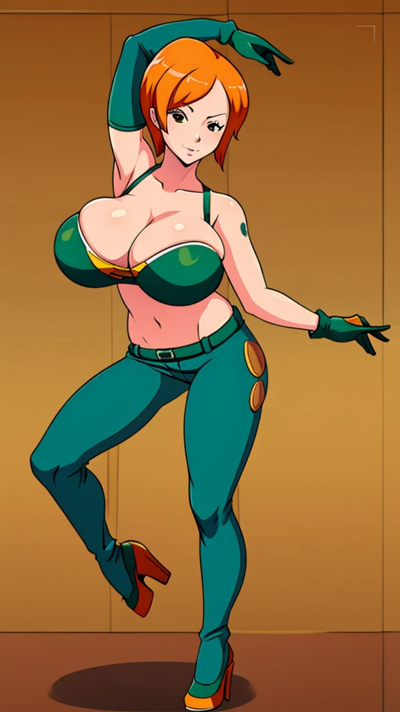 A sexy woman, sensual, beautiful beauty, big breast, short orange hair, squares her brown eye, wearing a green bra and dark green metallic pants, green heels, and a yellow glove.