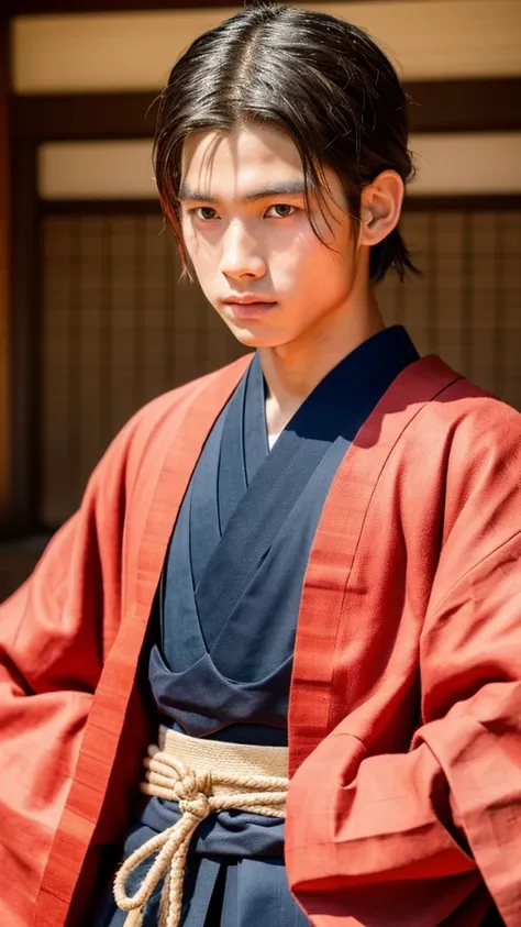 Young Samurai Boy、Takeda Shingen、With a calm expression、Wearing traditional Japanese clothing