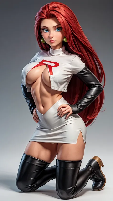 ultra HD, work of art, precise, anatomically correcte, super detaill, High details, high qualiy, best qualityer, 8k, high resolution. Jessie looks beautiful in a full body photo. Blue eyes and long red hair combed back make her a goddess of beauty. Jessie ...