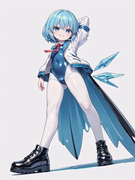 (((high quality))),(((masterpiece))),(((highly detailed))),((illustration style)),(((one girl)))(((cirno))), (touhou),(((short hair,blue hair))),ice wings,(((blue eyes))),(((bangs))),(((white leather jacket))),(((blue full bodysuit))),((latex)), (shiny clo...