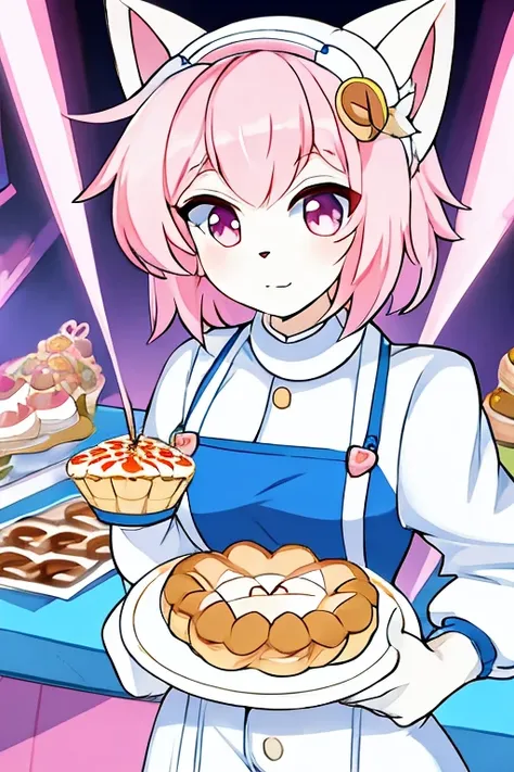 cat woman, White fur, pastel pink hair, pastry chef suit