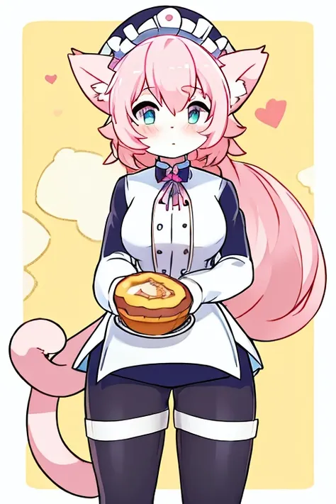 cat woman, White fur, pastel pink hair, pastry chef suit