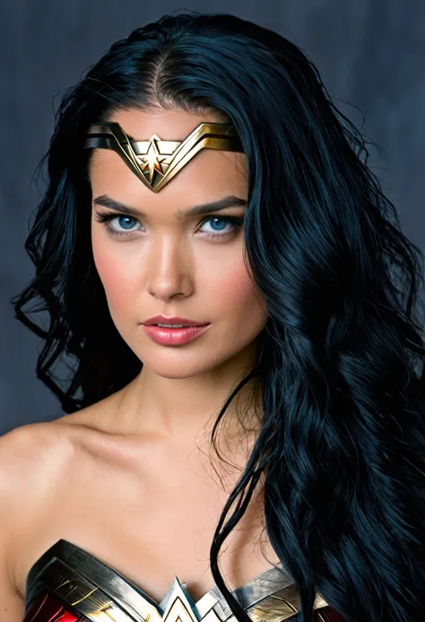 Very close up,(((Diaema Wonder Woman)))(((With part of his head shaved))),(((Gabriella Wilde ))),(((long black hair))),(((With part of his head shaved))),under the mantle of the Amazon warrior Wonder Woman))),(((Front images))),(((Splash color images))),((...