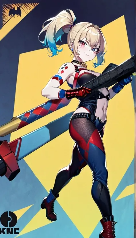 1girl wearing a black combat suit with dark blue accents and red on the boots and gloves, a stylised batman symbol on the chest ...