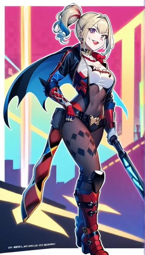 1girl wearing a black combat suit with dark blue accents and red on the boots and gloves, a stylised batman symbol on the chest ...