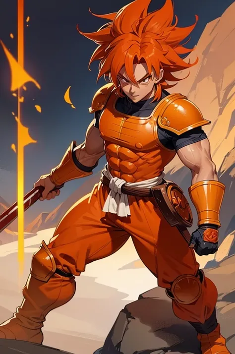 tanned, athletic male with long, orange saiyan hair, not too muscular, wearing orange armour plating, wearing red feathers aroun...