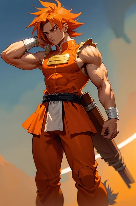 tanned, athletic male with long, orange saiyan hair, not too muscular, wearing orange armour plating, wearing red feathers aroun...