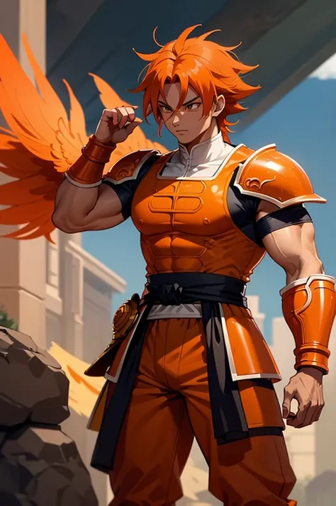 tanned, young athletic male with long, orange saiyan hair, not too muscular, wearing orange armour plating, wearing red feathers...