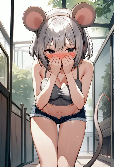 1girl with short grey hair, black eyes, slender body, medium breasts, natural mouse ears, natural mouse tail, blush, embarrassed, cover her face, ((((grey bra))), short shorts,zoo aviary