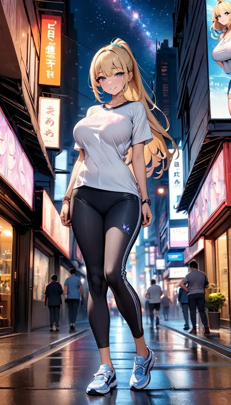 Highest quality, masterpiece, figure, wallpaper, girl, alone, big breasts, tight white urban t-shirt, sports jeans, sports shoes, full body, blonde hair, semi-long hair, beautiful detailed girl, highly detailed eyes and face , beautiful attention to detail...