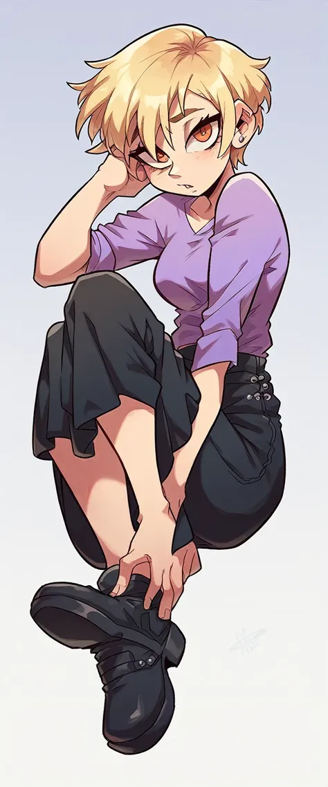 A cute sexy woman beautiful ash blonde hair round short messy cut her slanted orange eye wears white blouse under simple purple shirt and a tight black skirt black heel