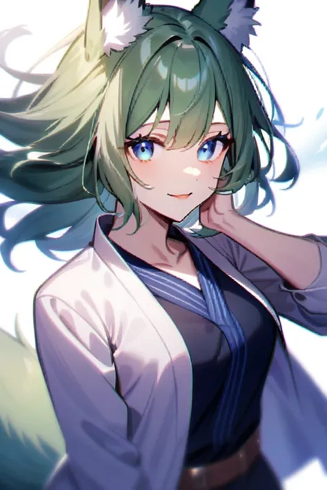 Older woman (30 years)
Fox ears green hair and blue eyes 