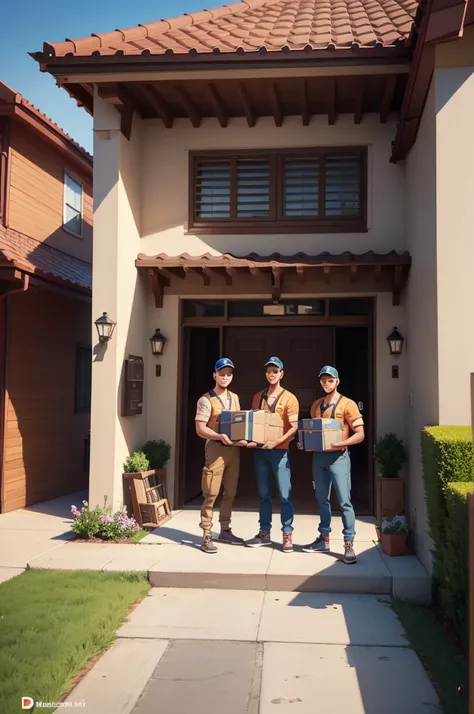 three delivery men standing in front of a house with boxes, delivering parsel box, delivering mail, delivering packages for amazon, commercial illustration, cartoon style illustration, cg art, high quality illustration, stylized digital illustration, avata...